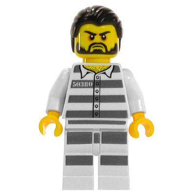 Figurine Criminal, Prison Shirt with #50380, White Legs with Prison Stripes, Black Hair, Beard du set 60174