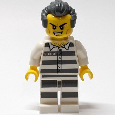 Minifigure Criminal Tony "T" Colorado, Prison Shirt with #50380, White Legs with Prison Stripes, Dark Bluish Gray Hair del set 60210