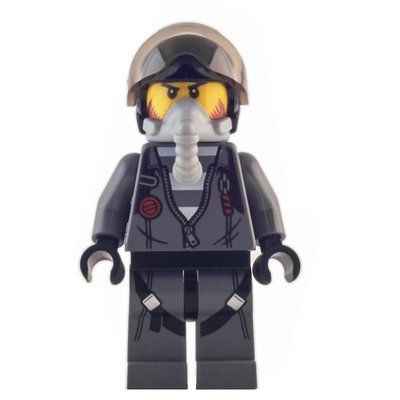 Minifigura Criminal, Open Dark Bluish Gray Jacket with Zipper over Prison Shirt, Black Helmet with Visor, Breathing Apparatus del set 60209