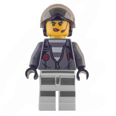 Minifigura Criminal, Woman, Open Dark Bluish Gray Jacket with Zipper over Prison Shirt, Black Helmet with Visor del set 60209