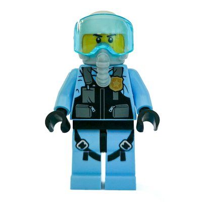 Minifigur Policeman, Black Vest with Badge and Pouches over Bright Light Blue Shirt, White Helmet with Visor, Breathing Apparatus aus Set 60208