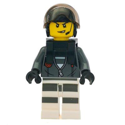 Minifigur Criminal, Open Dark Bluish Gray Jacket with Zipper over Prison Shirt, Black Helmet with Visor, Neck Bracket, Headset aus Set 60208
