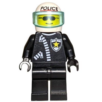 Minifigure Policeman, Black Jacket with Zipper and Badge, White Helmet with Visor, Sunglasses from set 9293