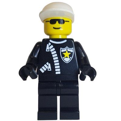 Figurine Policeman, Black Jacket with Zipper and Badge, White Cap, Sunglasses du set 6545