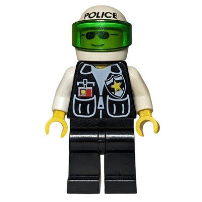 Figurine Policeman, Black Vest with Badge and Pockets, White Helmet with 'POLICE' and Trans-Green Visor, Sunglasses du set 6332