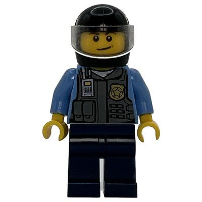 Figurine Policeman, Dark Bluish Gray Vest with Radio, Badge and Pouches over Medium Blue Shirt, Black Helmet with Visor du set 10720