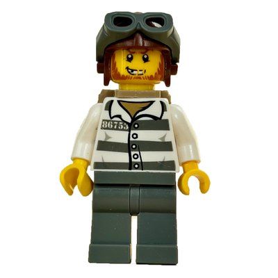 Figurine Criminal, Prison Shirt with #86753, Dark Bluish Gray Legs, Reddish Brown Helmet with Goggles, Dark Tan Backpack, Beard du set 10751