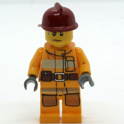 Figurine Fireman, Bright Light Orange Fire Suit, Dark Red Helmet, Sweat Drops du set 4209