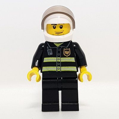 Figurine Fireman, Black Fire Jacket with Reflective Stripes, Radio, and Badge, White Helmet with Visor, Stubble du set 7206