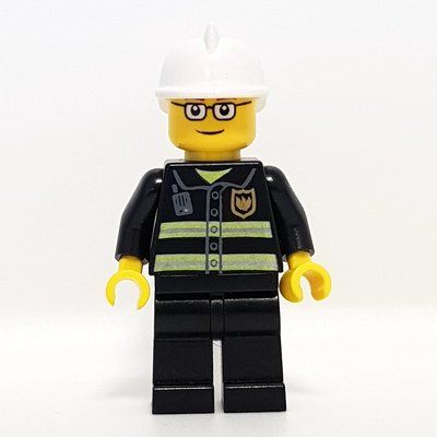 Figurine Fireman, Black Fire Jacket with Reflective Stripes, Radio, and Badge, White Helmet, Glasses du set 7206