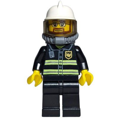 Figurine Fireman, Black Fire Jacket with Reflective Stripes, Radio, and Badge, White Helmet with Visor, Breathing Apparatus, Airtanks, Beard and Glasses du set 7206
