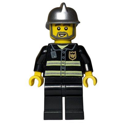 Figurine Fireman, Black Fire Jacket with Radio and Badge, Silver Helmet, Beard du set 7239
