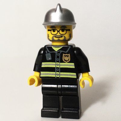 Minifigure Fireman, Black Fire Jacket with Reflective Stripes, Radio, and Badge, Silver Helmet, Beard and Glasses del set 7945