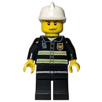 Figurine Fireman, Black Fire Jacket with Reflective Stripes, Radio, and Badge, White Helmet, Stern du set 7906