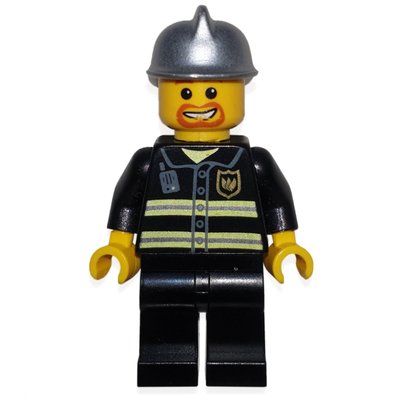Figurine Fireman, Black Fire Jacket with Reflective Stripes, Radio, and Badge, Silver Helmet, Goatee Beard du set 7906