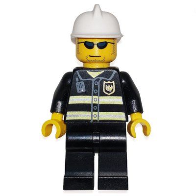 Minifiguur Fireman, Black Fire Jacket with Reflective Stripes, Radio, and Badge, White Helmet, Sunglasses uit set 7213