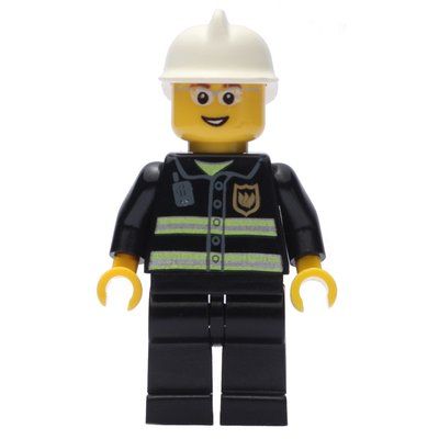Figurine Fireman, Black Fire Jacket with Reflective Stripes, Radio, and Badge, White Helmet, Glasses du set 7208