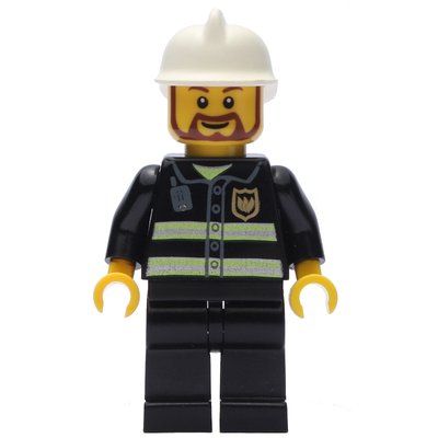 Figurine Fireman, Black Fire Jacket with Reflective Stripes, Radio, and Badge, White Helmet, Beard du set 7208