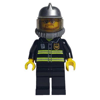 Figurine Fireman, Black Fire Jacket with Reflective Stripes, Radio, and Badge, Silver Helmet, Breathing Apparatus, Airtanks, Beard and Glasses du set 7208