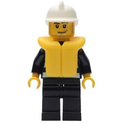 Figurine Fireman, Black Fire Jacket with Reflective Stripes, Radio, and Badge, White Helmet, Yellow Life Vest 2610, Stubble du set 7944