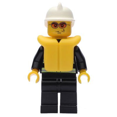Figurine Fireman, Black Fire Jacket with Reflective Stripes, Radio, and Badge, White Helmet, Yellow Life Vest, Orange Sunglasses du set 7944