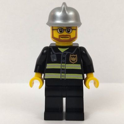 Figurine Fireman, Black Fire Jacket with Reflective Stripes, Radio, and Badge, Silver Helmet, Beard and Glasses du set 7944