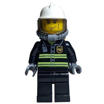 Figurine Fireman, Black Fire Jacket with Reflective Stripes, Radio, and Badge, White Helmet, Breathing Apparatus, Airtanks, Cheek Lines du set 7240