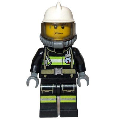 Figurine Fireman, Black Fire Suit with Gauge and Straps, White Helmet, Breathing Apparatus, Airtanks, Sweat Drops du set 60112