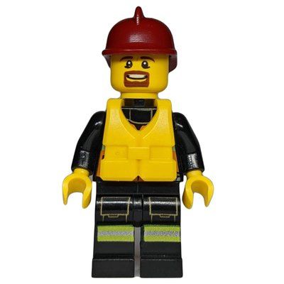 Figurine Fireman, Orange Safety Vest with Radio, Dark Red Helmet, Yellow Life Vest, Goatee Beard du set 60086
