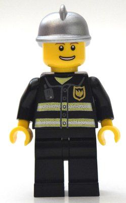 Minifigure Fireman, Black Fire Jacket with Reflective Stripes, Radio, and Badge, Silver Helmet from set 30010