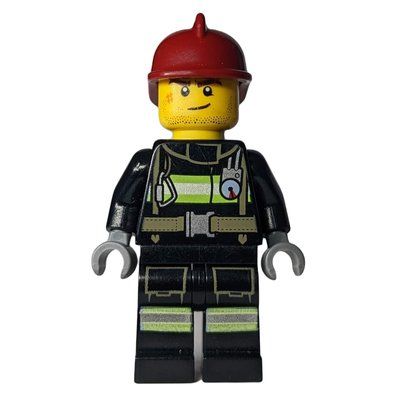 Figurine Fireman, Black Fire Suit with Gauge and Straps, Dark Red Helmet, Stubble and Scar du set 60010