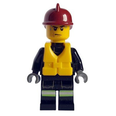 Figurine Fireman, Black Fire Suit with Gauge and Straps, Dark Red Helmet, Yellow Life Vest, Sweat Drops du set 60005