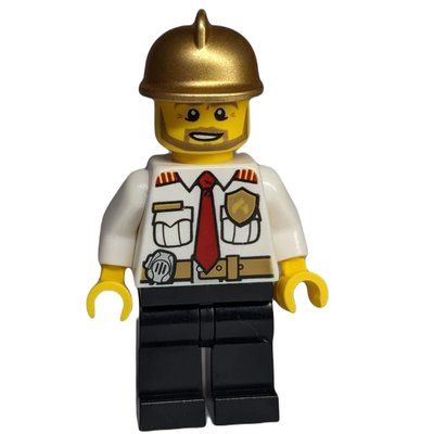 Figurine Fireman, White Shirt with Red Tie, Badge, and Radio on Belt, Gold Helmet, Beard du set 60004
