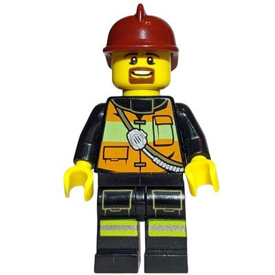 Figurine Fireman, Orange Safety Vest with Radio, Dark Red Helmet, Goatee Beard du set 60004