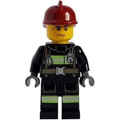 Figurine Fireman, Black Fire Suit with Gauge and Straps, Dark Red Helmet, Sweat Drops du set 60004