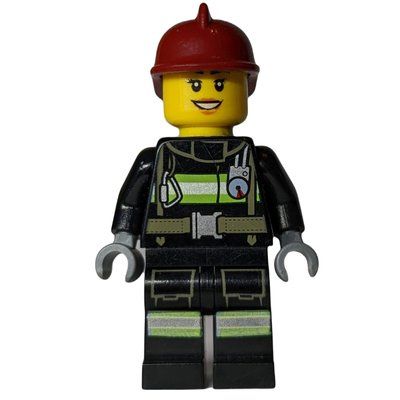 Figurine Firewoman, Black Fire Suit with Gauge and Straps, Dark Red Helmet du set 60004