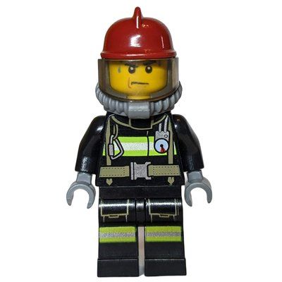 Figurine Fireman, Black Fire Suit with Gauge and Straps, Dark Red Helmet, Breathing Apparatus, Airtanks, Sweat Drops du set 60003