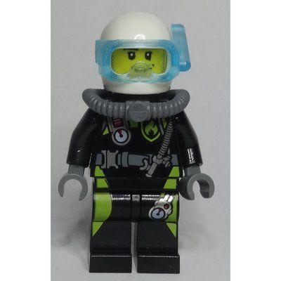 Minifigure Diver, Man, Black and Lime Wetsuit, White Helmet and Mask, Stubble from set 60106