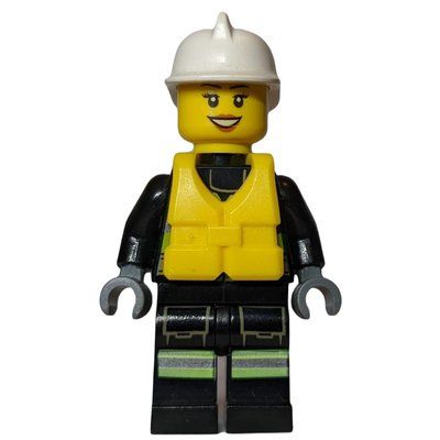 Minifigura Firewoman, Safety Vest with Flashlight, Pocket, and Belt, White Helmet, Yellow Life Vest del set 60109