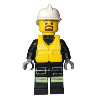 Minifigura Fireman, Safety Vest with Flashlight, Pocket, and Belt, White Helmet, Yellow Life Vest, Goatee Beard del set 60109
