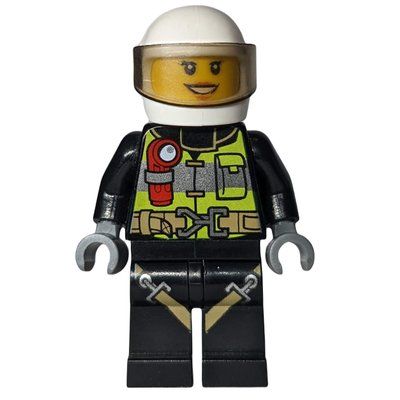 Minifigure Firewoman, Safety Vest with Flashlight, Pocket, and Belt, Black Legs with Straps, White Helmet with Visor del set 60108
