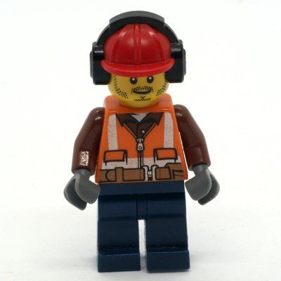 Minifigure Construction Worker, Orange Safety Vest with Zipper and Pockets, Red Hard Hat with Ear Defenders, Stubble del set 60108
