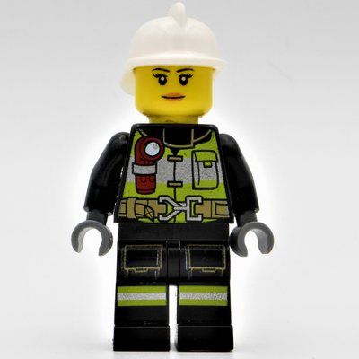 Minifigure Firewoman, Black Fire Suit with Gauge and Straps, White Helmet del set 60107