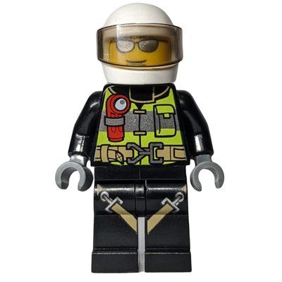 Minifigura Fireman, Safety Vest with Flashlight, Pocket, and Belt, Black Legs with Straps, White Helmet with Visor, Silver Sunglasses del set 60110
