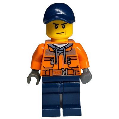 Minifigure Construction Worker, Orange Jacket with Zipper and Reflective Stripes, Dark Blue Legs, Dark Blue Cap from set 60106