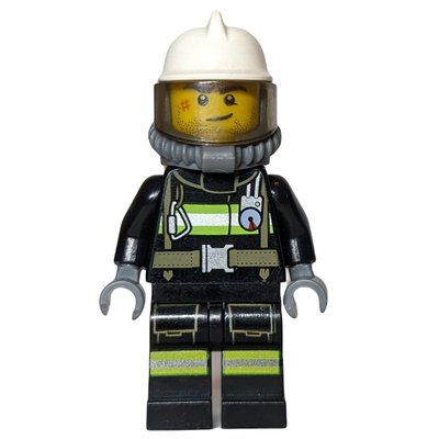 Minifigure Fireman, Black Fire Suit with Gauge and Straps, White Helmet, Breathing Apparatus, Airtanks, Stubble and Scar from set 60106