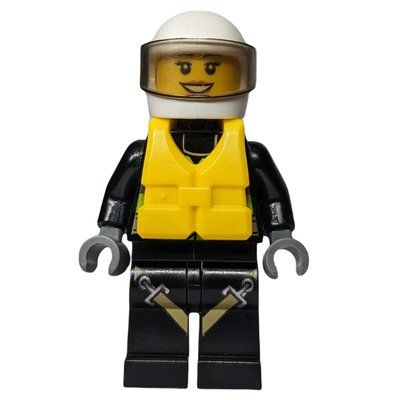 Minifigure Firewoman, Safety Vest with Flashlight, Pocket, and Belt, Black Legs with Straps, White Helmet with Visor, Yellow Life Vest from set 60106