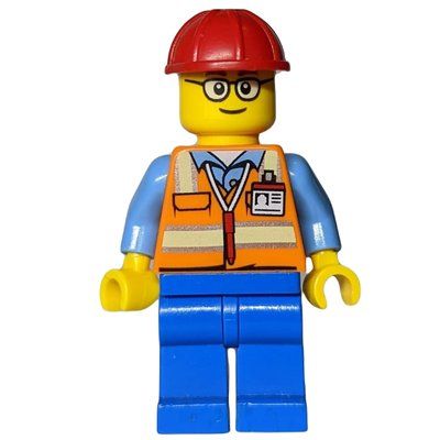 Figurine Construction Worker, Orange Safety Vest with Pen and ID Badge, Red Hard Hat, Glasses du set 60111