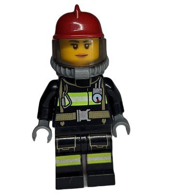 Figurine Firewoman, Black Fire Suit with Gauge and Straps, Dark Red Helmet, Breathing Apparatus, Airtanks du set 60088