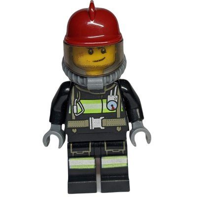 Figurine Fireman, Black Fire Suit with Gauge and Straps, Dark Red Helmet, Breathing Apparatus, Airtanks, Stubble and Scar du set 60088